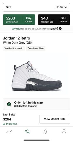 Jordan 12 Retro White Dark Grey (GS) Size 6Y
