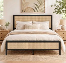 Rattan Full Size Bed Frame with Headboard, Boho Full Metal Platform Bed Frame with Steel Slats