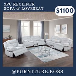 Sofa + Loveseat + Recliner Chair - Living Room Furniture Set