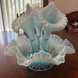 Fenton Art Glass Blue Opalescent Diamond Lace Epergne