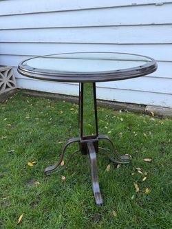 Petite Gabrielle neoclassical-styled Pier 1 accent table mirrored panels and a grey wood trim