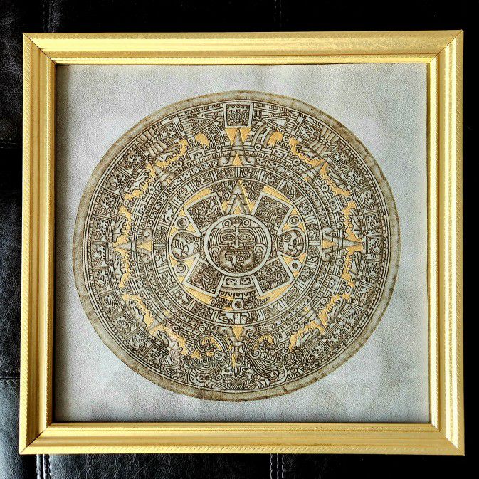 Authentic Gold Stamped Aztec Mandala Cloth Art Piece with a Gold Frame