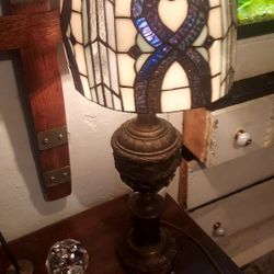 Antique Stained Glass Lamp Shade & Lamp