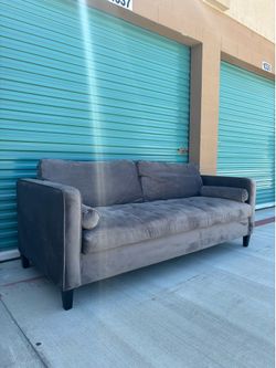 MCM Gray Faux Velvet Tufted Down Sofa by Living Spaces •FREE DELIVERY•
