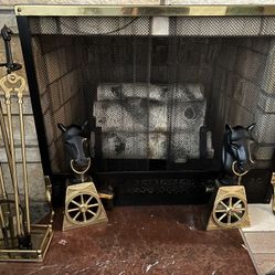 Antique Horse Head Fireplace Andirons And Accessories 