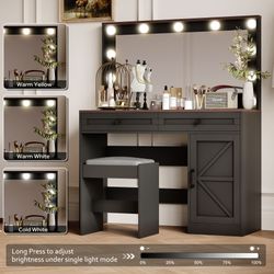43.4Makeup Vanity Table, Makeup Table with Large Mirror and 11 LED Light , Brightness Adjustable, Dressing Table Desk with 3 Drawers, Vanity Desk for