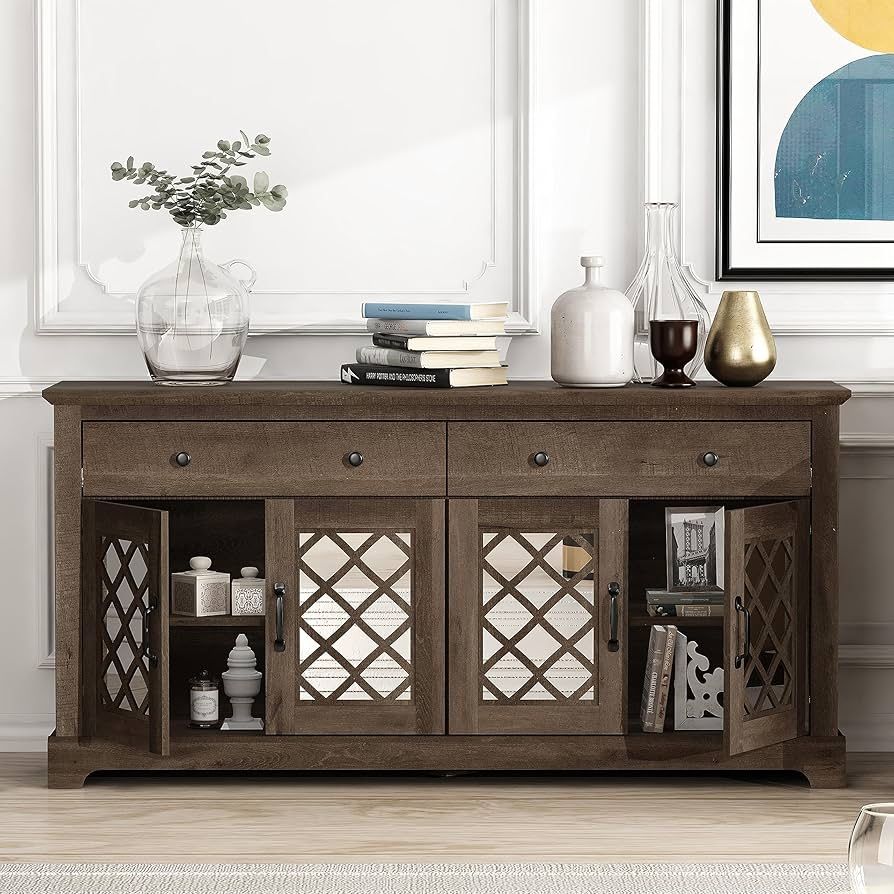 4-Door Buffet Cabinet with Storage Drawers, Large Credenza for Dining Room, Kitchen, or Living Room, 59" W x 15.7" D x 29.3" H