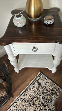 three piece coffee and end table set. Refinished wood, top and white.