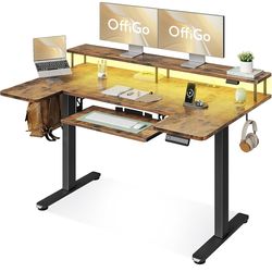 55” U-Shaped Electric Standing Desk with Keyboard Tray, Power Outlets & LED Lights, Height Adjustable Sit-Stand Desk