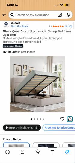 Allewie Queen Size Lift Up Hydraulic Storage Bed Frame and Headboard Light Beige