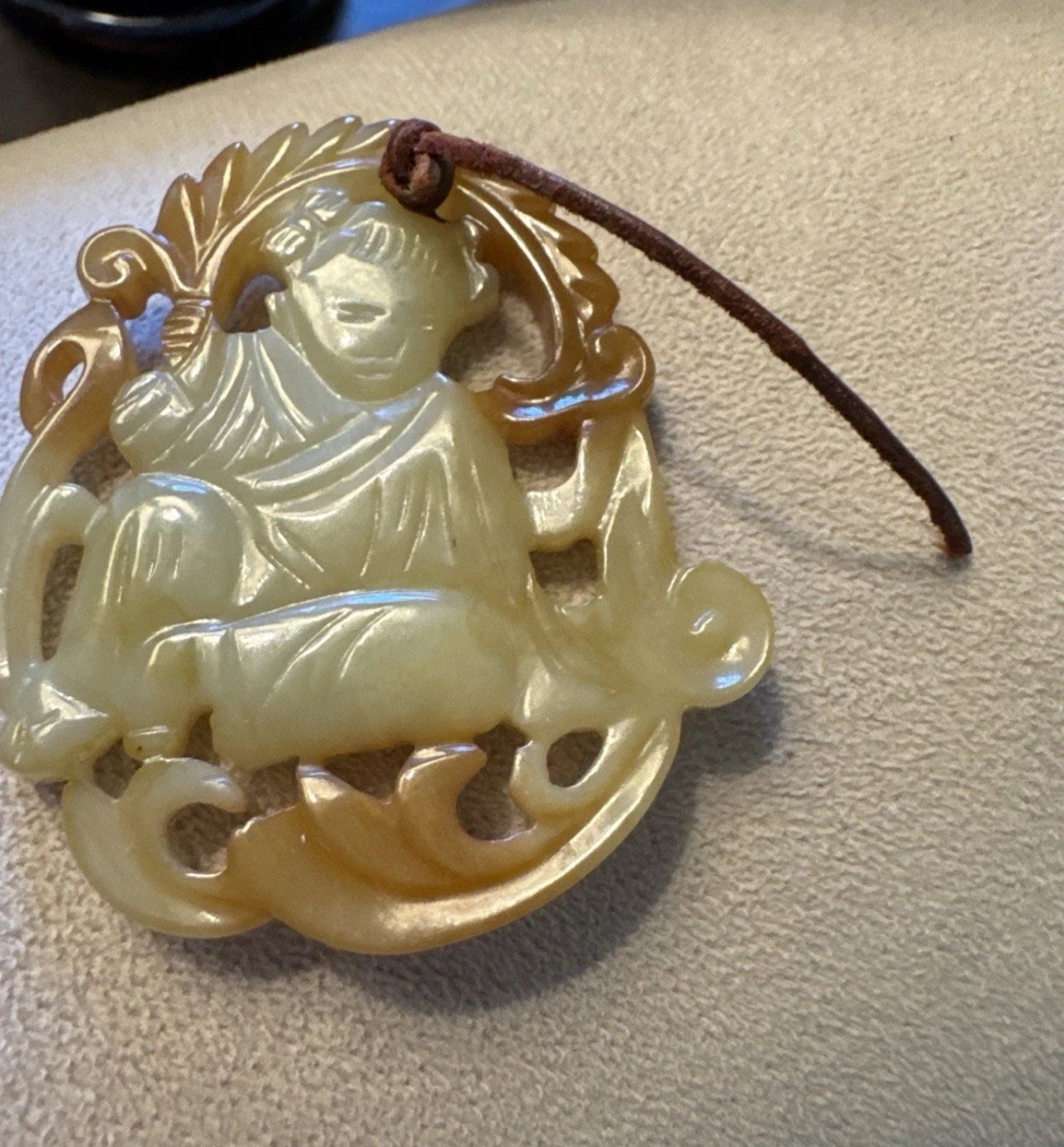 Vintage Jade CHINESE Art Translucent Carved Boy Design Pendant Double Sided Rare