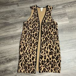 Beautiful CHICO Animal Cheetah Print Long Sweater Duster Cecily VEST w/Faux Leather Trim Piping + Double Camel Color  Side Slits Vents Size SMALL Sz 1
