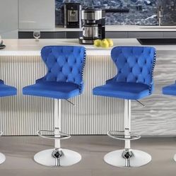 Set of 4 Adjustable Swivel Bar Stools, Velvet Upholstered Counter Height Chairs with Nailhead Trim,