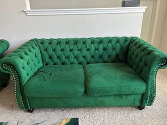 Emerald Green Velvet Chesterfield Loveseat and wall art