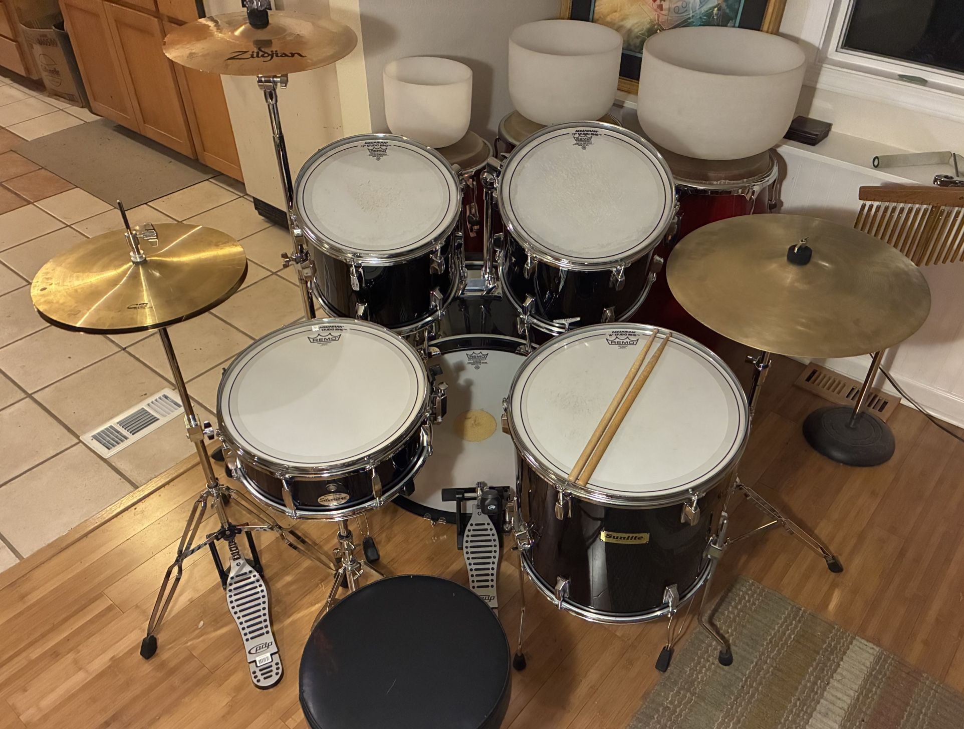 Sunlite Drum Set, Silvertone Snare, Cymbals
