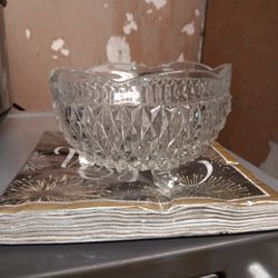 2 Indiana Glass DIAMOND  POINT Pattern Clear Glass 3-Toed Candy / Nut Bowl
