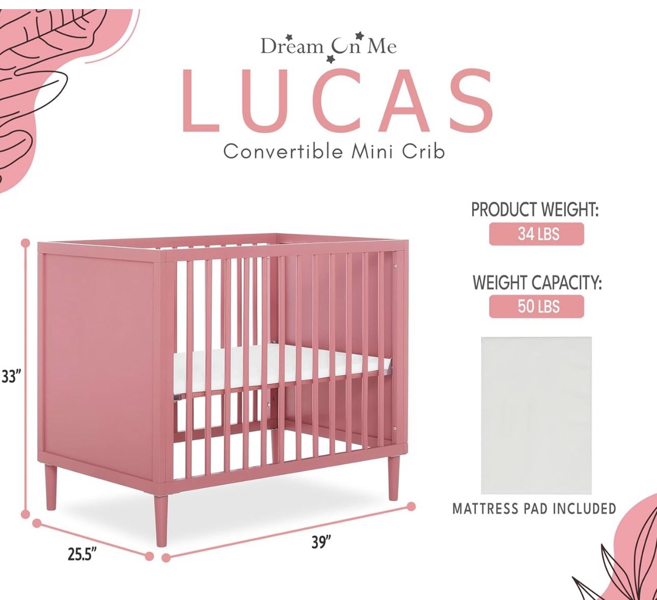 Dream On Me Pink Baby Crib