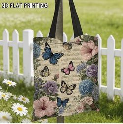 Floral Butterfly Print Canvas Tote Bag