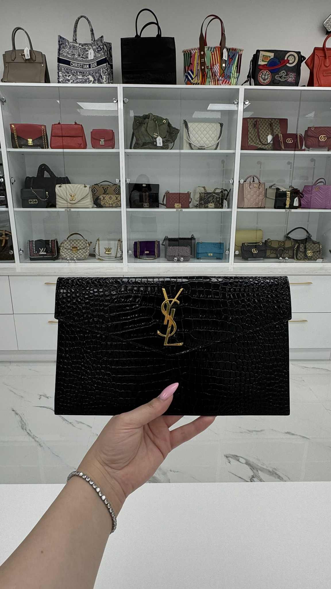 YSL Saint Laurent Calfskin Crocodile Embossed Uptown Monogram Clutch in Black