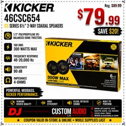 Kicker CS Series Car Speakers Set 6.5 Inch 2-Way Coaxial Speaker 46CSC654 System 300 Watts CSC65 🚨 No Credit Needed 🚨 Payment Options Available 🚨