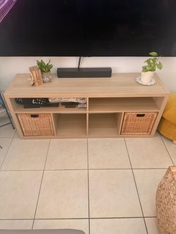 Light Wood TV Stand with Storage Cubbies