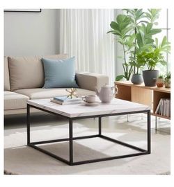 CENSI 30" White Marble Square Coffee Table/Center Table | Extra Thick 1.2" Honey-comb Wood Top, Heavy-duty Metal Frame, Cocktail Table, Modern Industr