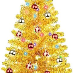 3 Ft Gold Tinsel Christmas Tree Dual Color Change 12 Modes Timer DIY 50 Warm White & Multicolor Lights Star Small Artificial Full Xmas