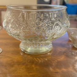 Jeanette Glass “Fruit Clear” Pattern Punch Bowl, Serving bowl/plate, and 12 glass cups