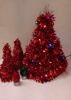 lot of 3 red tabletop tinsel Christmas trees (larger one has lights) ALL for only $10 FIRM