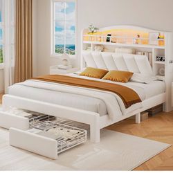 Full Size Bed Frame with LED Storage Headboard & 2 Storage Drawers, Velvet Upholstered Bed with Vertical Tufted Headboard Design, USB & Type-C Chargin