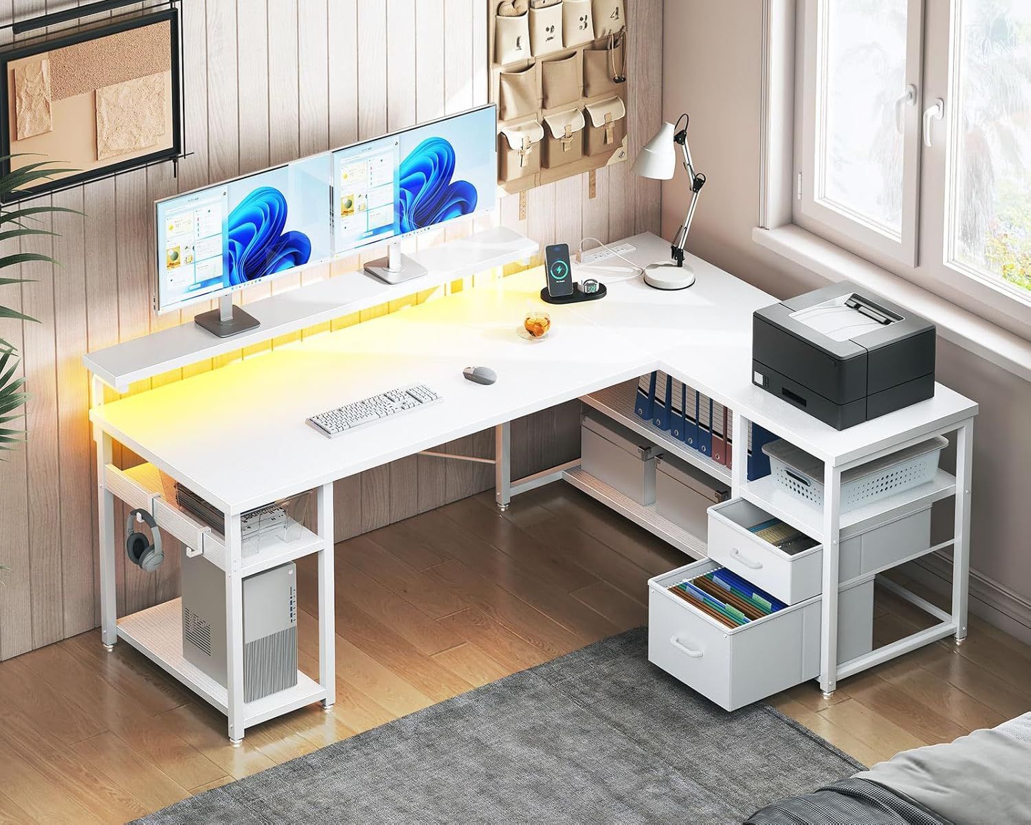 L Shaped Gaming Desk with File Drawers, Reversible Computer Desk with Power Outlets & LED Lights, Home Office Desk