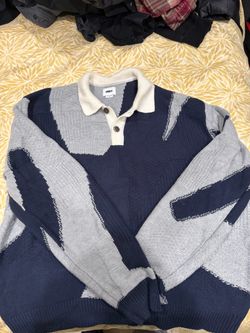 OBEY Luca Men’s Knit Polo Sweater – Navy Blue, Gray & Cream
