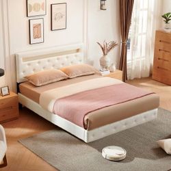 Queen Size LED Floating Cream White Wood Frame Queen Size Platform Bed with Faux Leather Upholstered Headboard No Spring Box Need