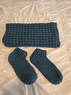 Handmade Knitted Crocheted Wrap Shawl Throw and Crocheted Foot Booties Socks