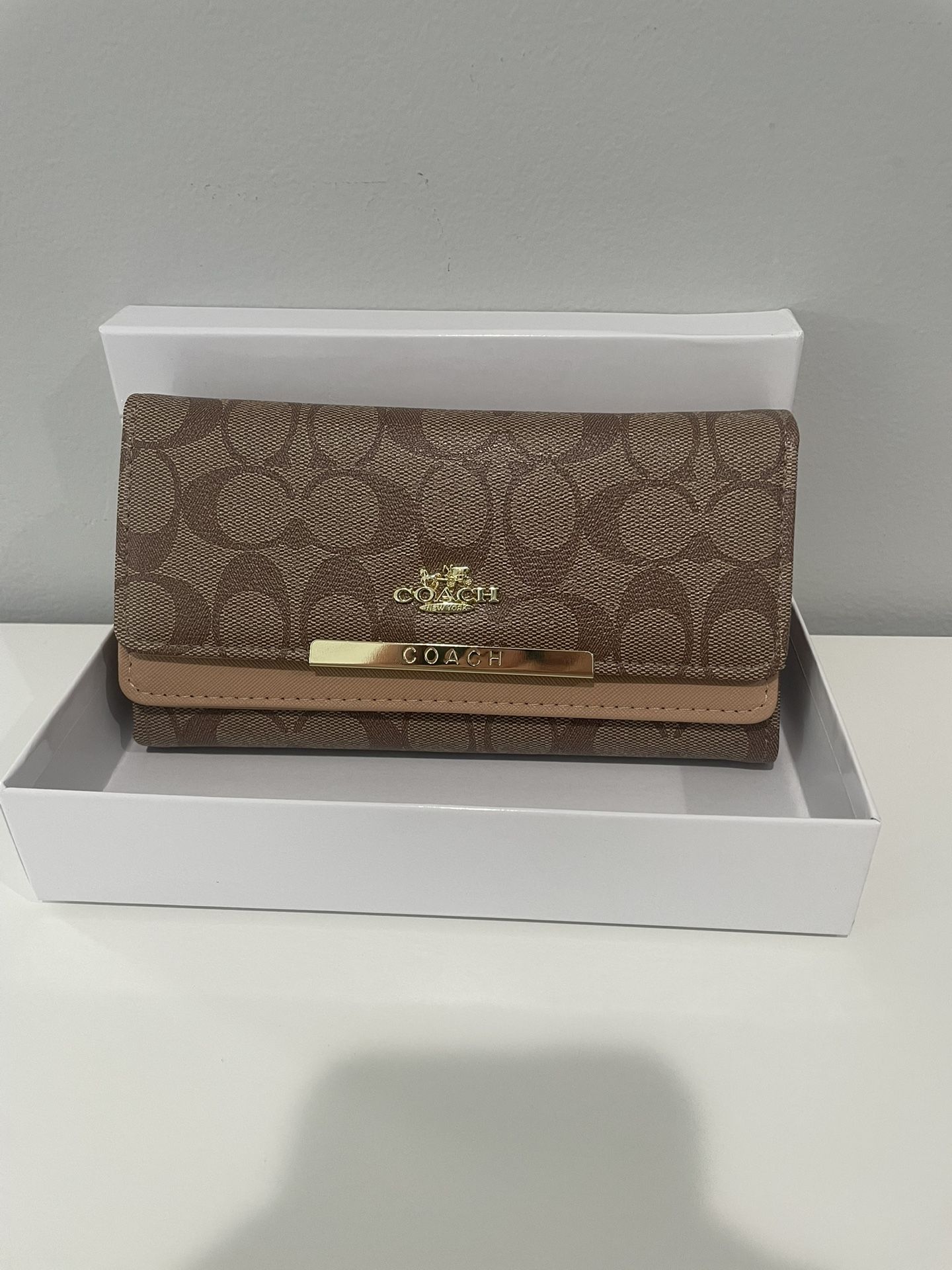 Coach Signature Tan Canvas Wallet with Gold Bar Logo