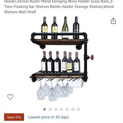 Industrial Wall Mounted Wine Racks with 4 Stem Glass Holder,24inch Rustic Metal Hanging Wine Holder Glass Rack,2-Tiers Floating Bar Shelves Bottle Hol