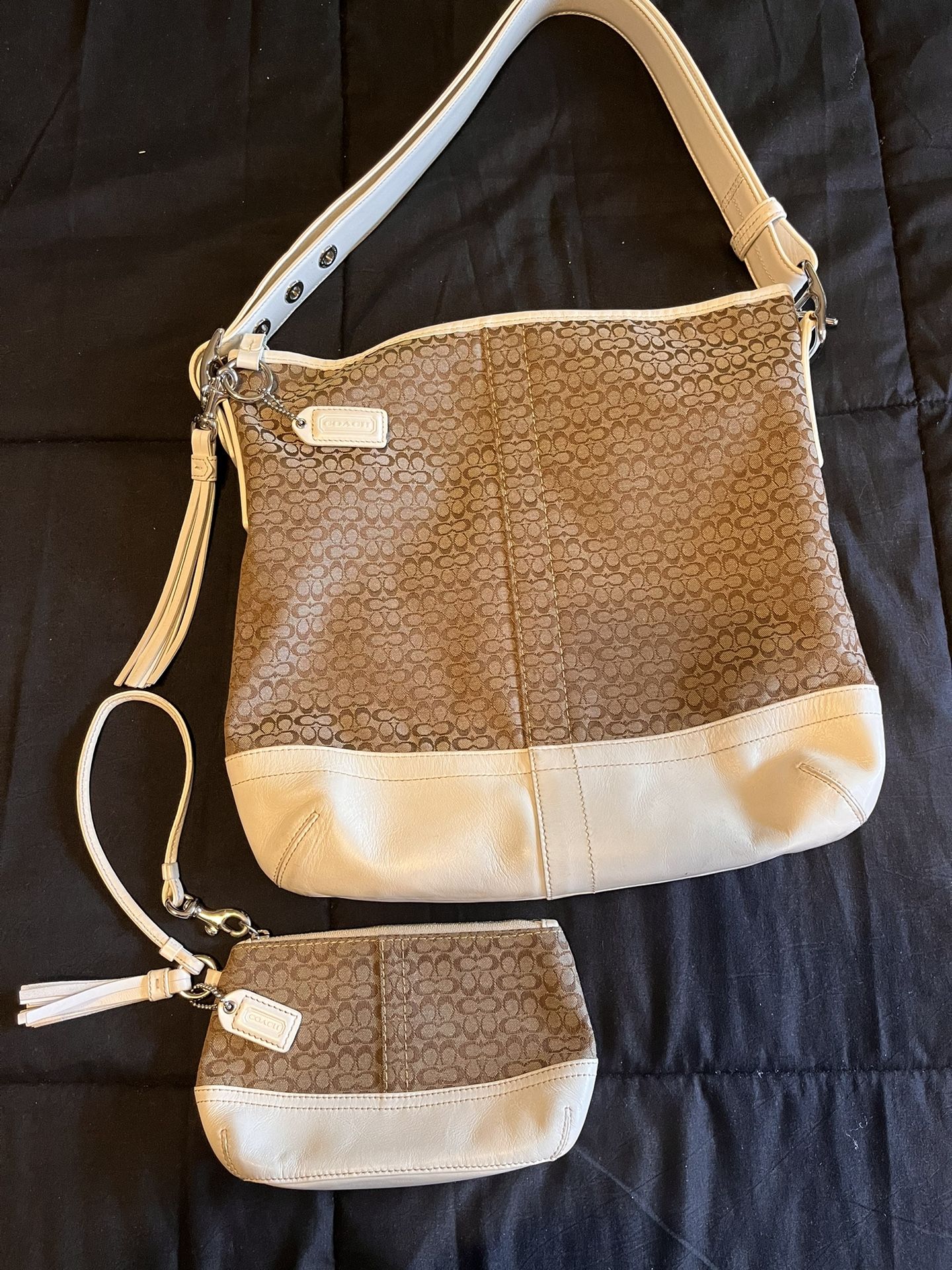 Coach Signature Mini C Handbag With White Leather Bottom And Adjustable Strap And Matching Wristlet
