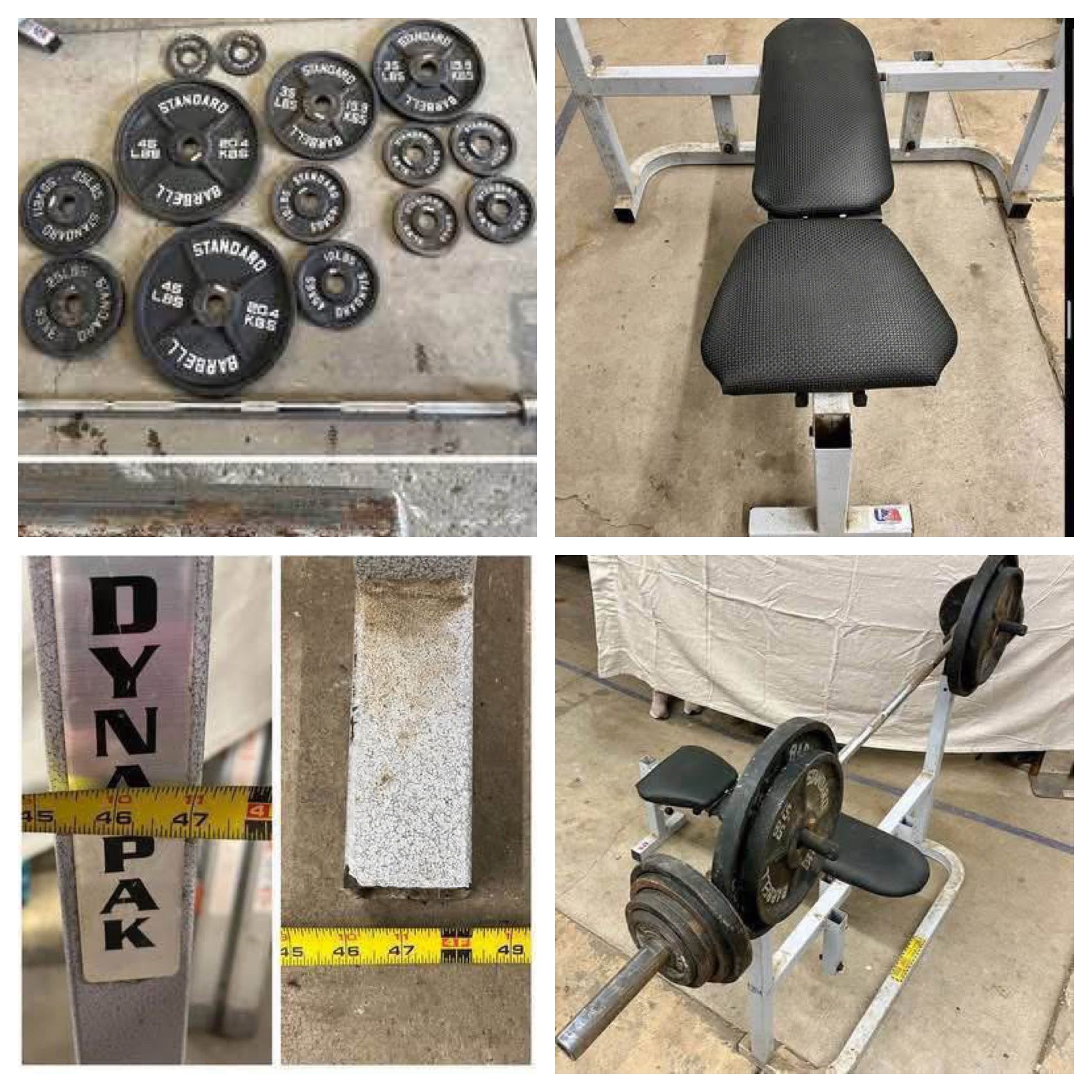 Olympic Weight Plates (Pairs) 45, 35, 25, 10, (2) 5, 2 1/2lb. 255lbs plus Bar. Same price for weights and Bar Only. Bench, No leg or incline. Bench wi
