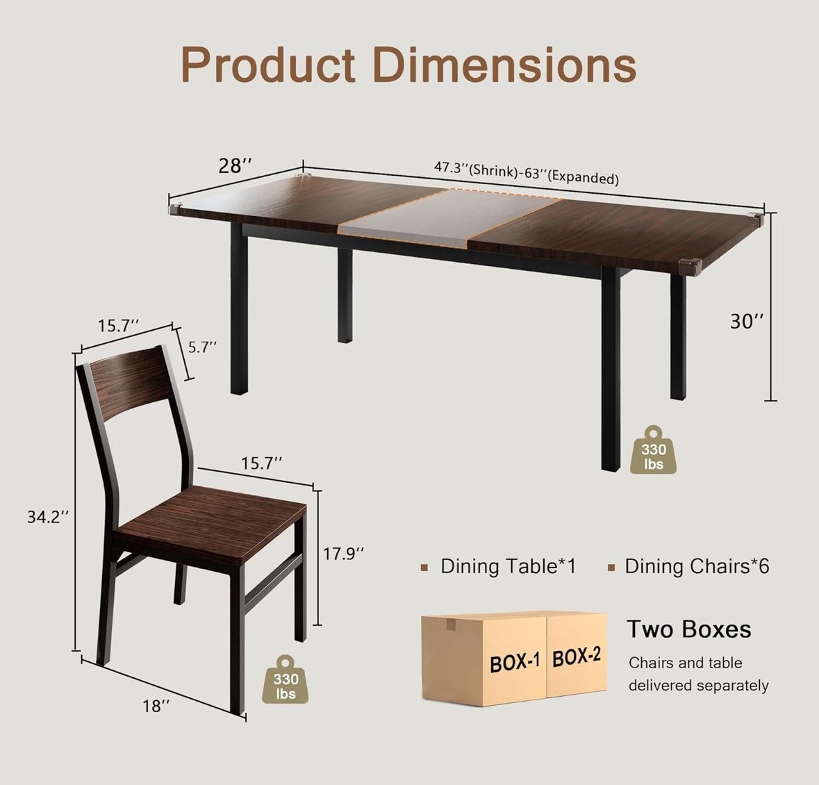 New 7 pieces dining table set, table with 6 chairs