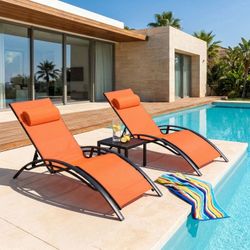 Set of 3pcs  Outdoor Adjustable Chaise Lounge Chair 5-Level Adjustable Pool Lounge Chairs with small table , Orange