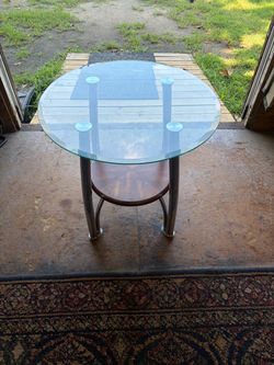 Round Glass Top Side Table with Chrome Legs and wood shelf