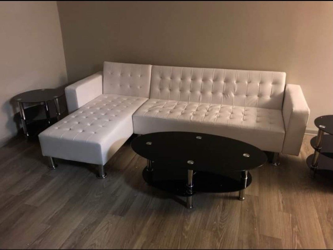 White Leather Sectional/ Sofa Bed 