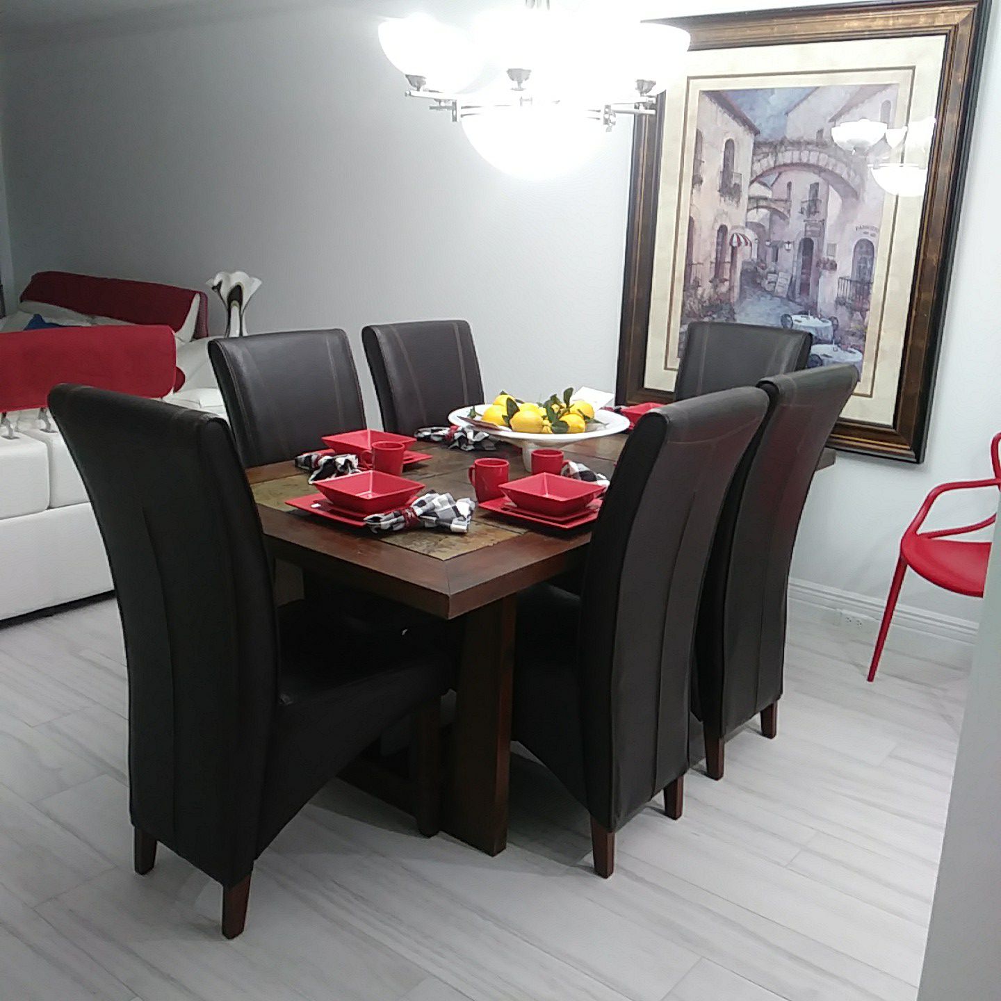 Solid oak dining room table and leather chairs