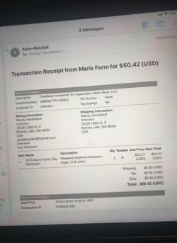 2tickets to Maris Farms for 20/27/19 $30.00