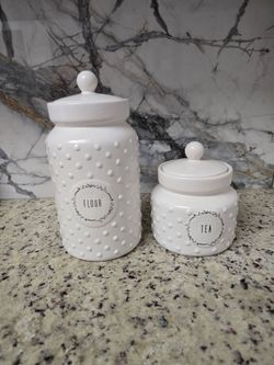 Modern White Ceramic Canister Set - Flour & Tea (Hobnail Design)
