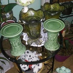Two Candle Holders And Two Hawiian Vases