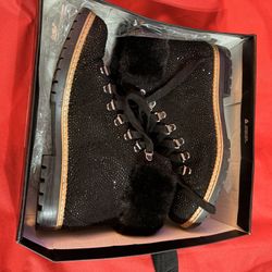 INC Rhinestone Combat Boots w/ Faux Fur Trim – Black – Size 9.5