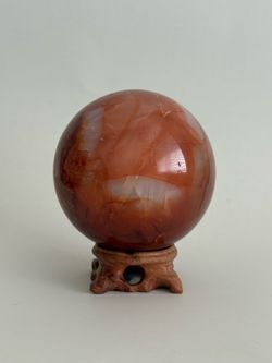 Large Carnelian Agate Crystal Sphere 4” Polished Stone Ball w/ Wood Stand