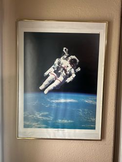 80s NASA Poster, Astronaut Space Walk, framed