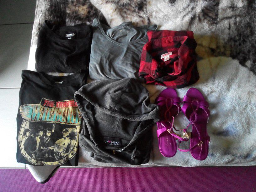 women's clothes lot with heels, flannel, jacket